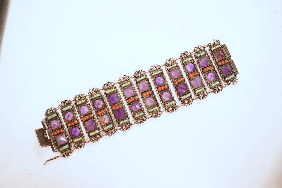 Matl Salas, a rare amethyst, coral and turquoise bracelet, Mexico, mid 20th century, composed of rectangular links set with pyramidal amethysts, coral cabochons and cylindrical turquoise beads, connected at each end by w